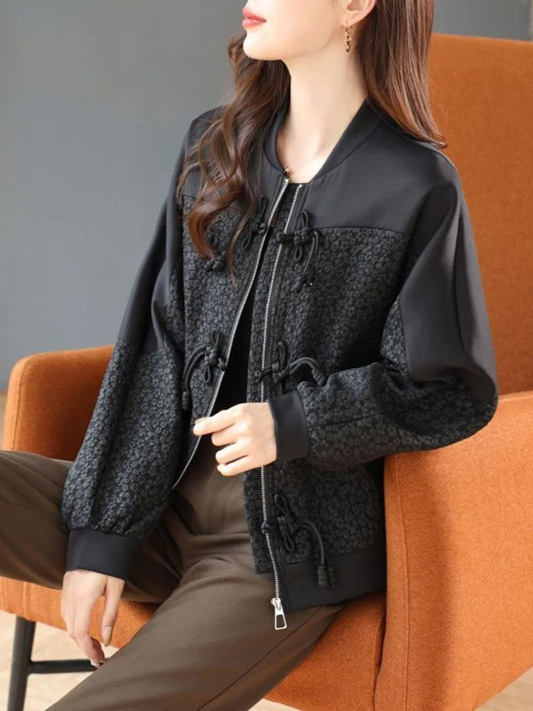 2025 Spring Autumn Korean Edition New Design Fashionable and Unique Splicing Plate Buckle Jacquard Loose Jacket Coat
