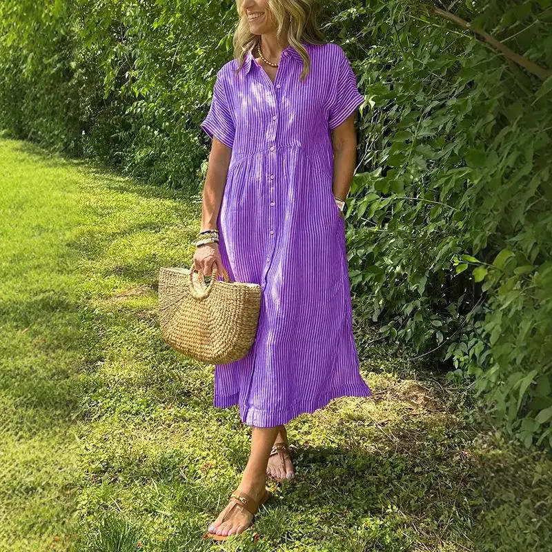 Orsso a righe grandi Sved irt Dr Cotone da donna Fre Sle Modello base Fibra di poliestere ort Sve Busin Casual