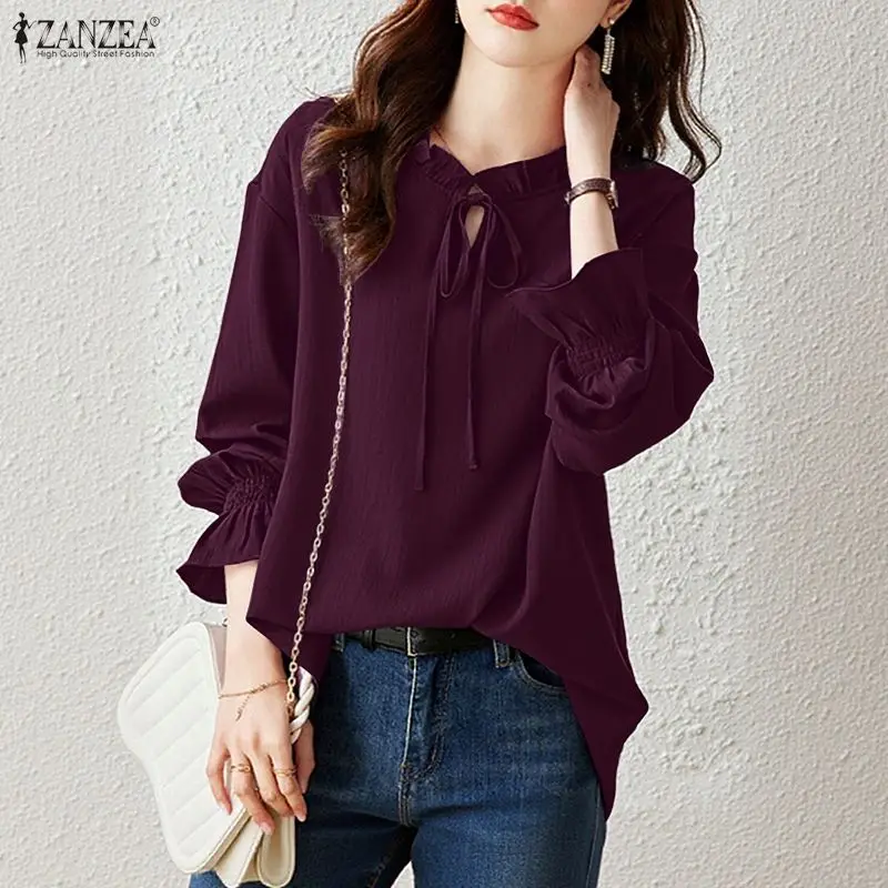 

ZANZEA Summer Woman Blouses Lace-Up Ruffled Trim O-Neck Long Sleeve Smocked Cuff Tunic Tops Solid Color Crinkled Blusas de Mujer