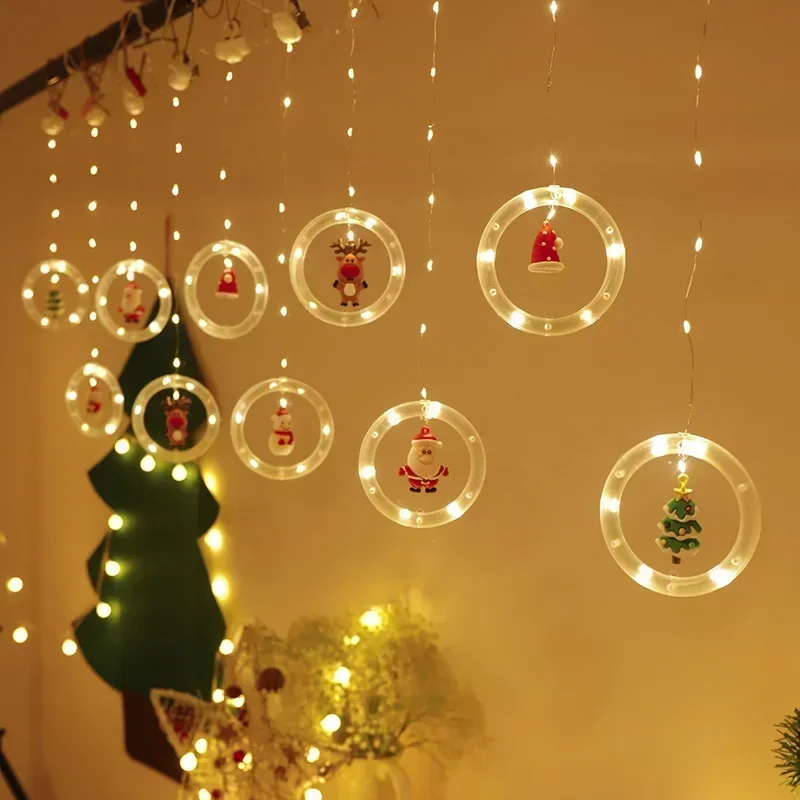 คริสต์มาสไฟ String Santa การ์ตูนสไตล์ผ้าม่านไฟ LED ไฟเทศกาลห้องตกแต่งหน้าต่าง String ไฟ 120 LED