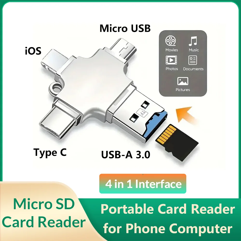 

Micro SD Card Reader 4 In 1 Type C Micro USB 3.0 Portable TranFlash TF Card Reader for iOS Android Smartphone Computer