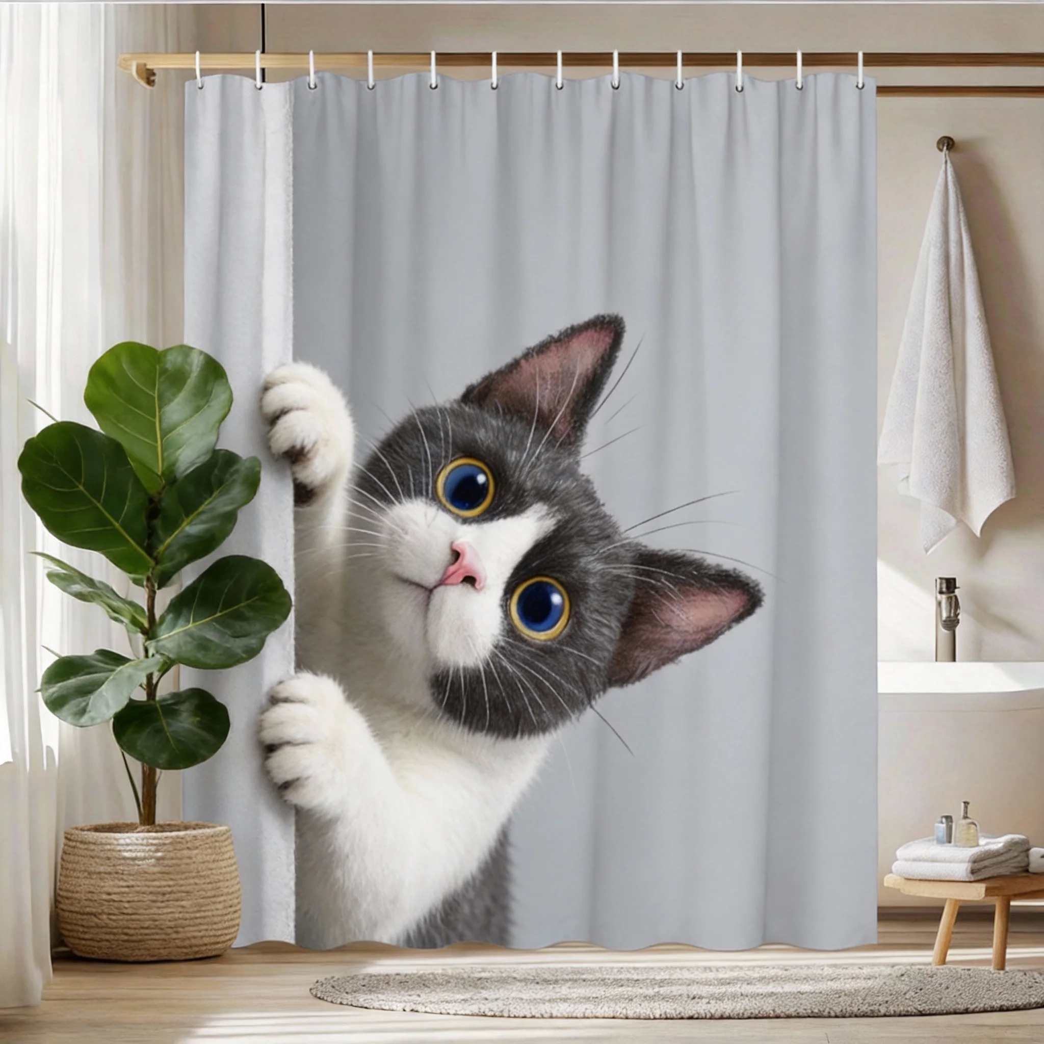 

Black and White Cat Shower Curtain – Curious Kitty Peeking, Waterproof with Hooks Included shower curtain hooks multiple sizes