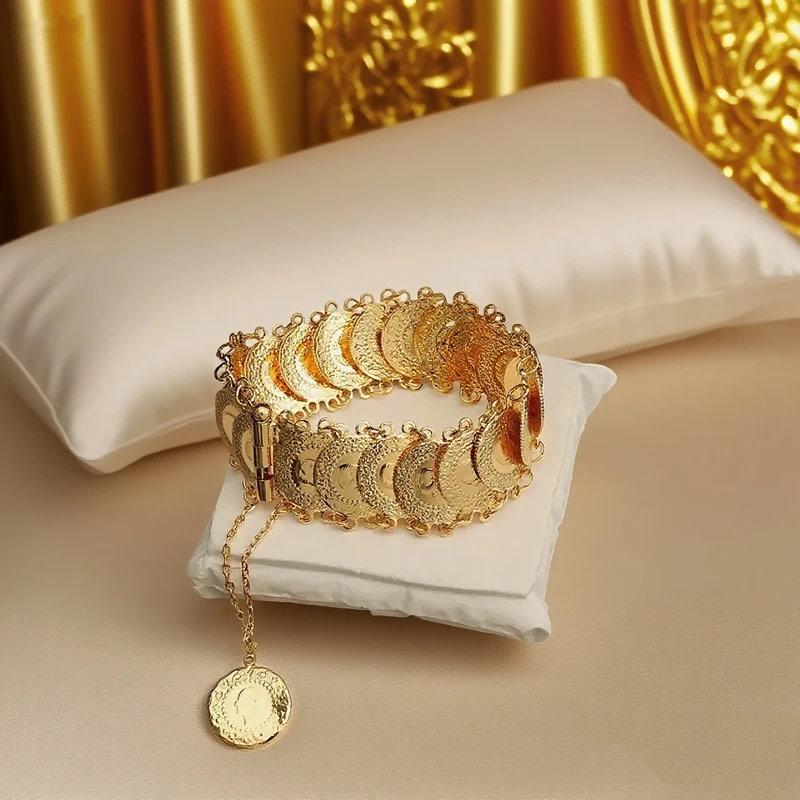 Gold Plated Ataurk Coin Chain Bracelet for Women Turish Kurdish Bridal Hand Jewelry Middle East Women Bangles