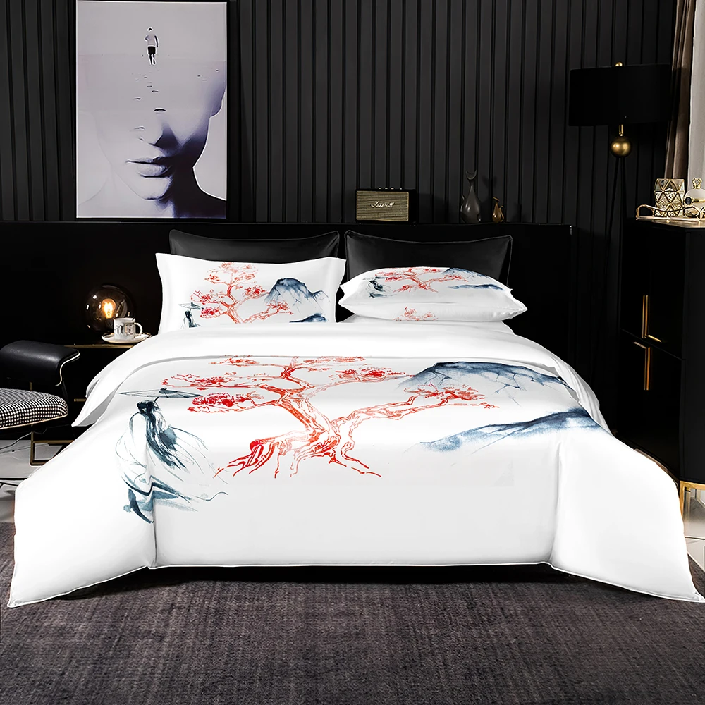 

Ancient Style Ink Painting Pattern Duvet Cover Set,Double King Size Bed Quilt Cover with Pillowcases,Faux Satin Bedding Set