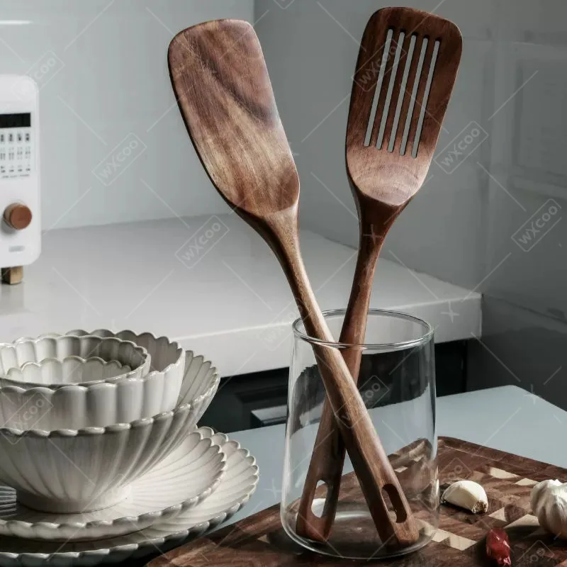 2PCS Solid Wooden Japanese Spatula with Long Handle Non-Stick Pan Spatula Household Kitchen Frying Spatula Cooking Tools