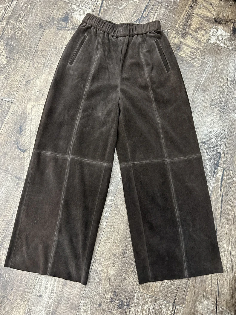 Retro 2025 Leather Ankle-Length Pants Women Elastic Waist Suede Sheepskin Wide Leg Length Straight Cylinder Trousers Black brown