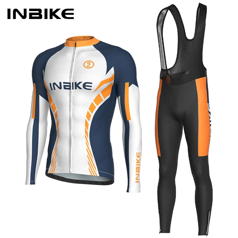 INBIKE Pro Men's Cycling Clothing Long Sleeve Suit Outdoor Bicycle Jersey Bib Trousers Set Summer Breathable Bicycle Clothing