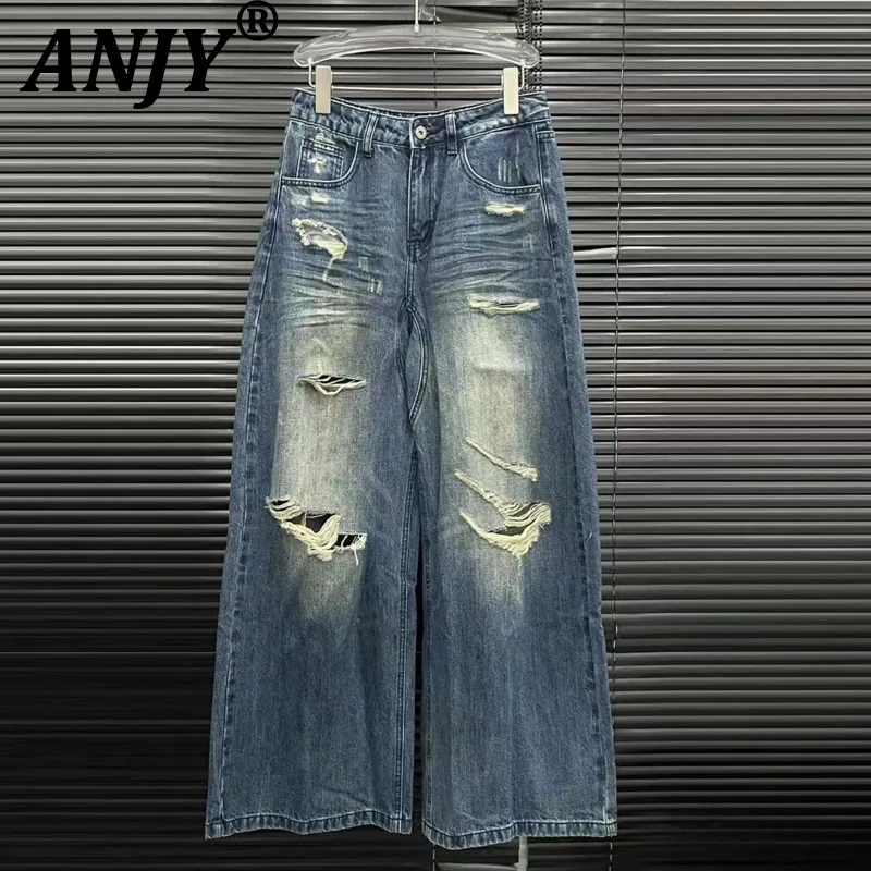 

ANJY Autumn Women American Style Streetwear Ripped Chic Straight Jeans Fashion Tide Loose Fit Slimming Casual Denim Pants A11076