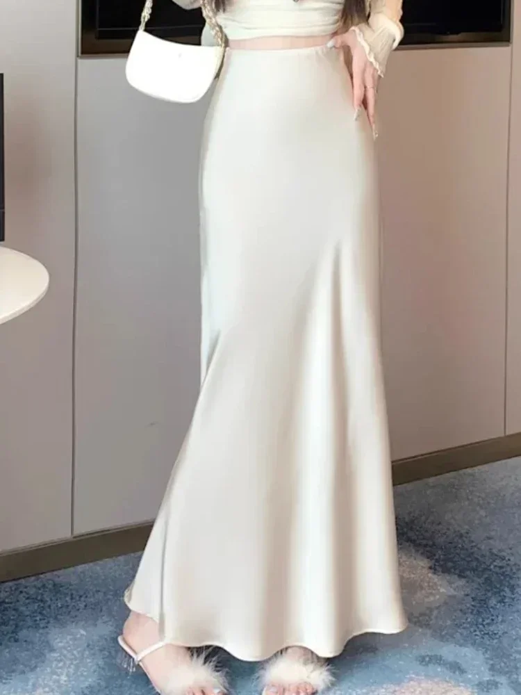 2026 Elegant Silk Slim High Waisted Long Skirts for Women Fashion Korean Satin Skirt Solid Champagne Black Women's Midi Skirt