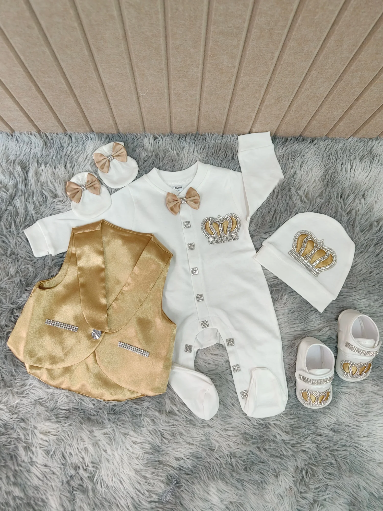 satin-vest-bow-tie-rhinestone-crown-baby-footed-romper-newborn-0-9-months-5pcs-white-champagne-gold-prince-royal-jumpsuit-gift