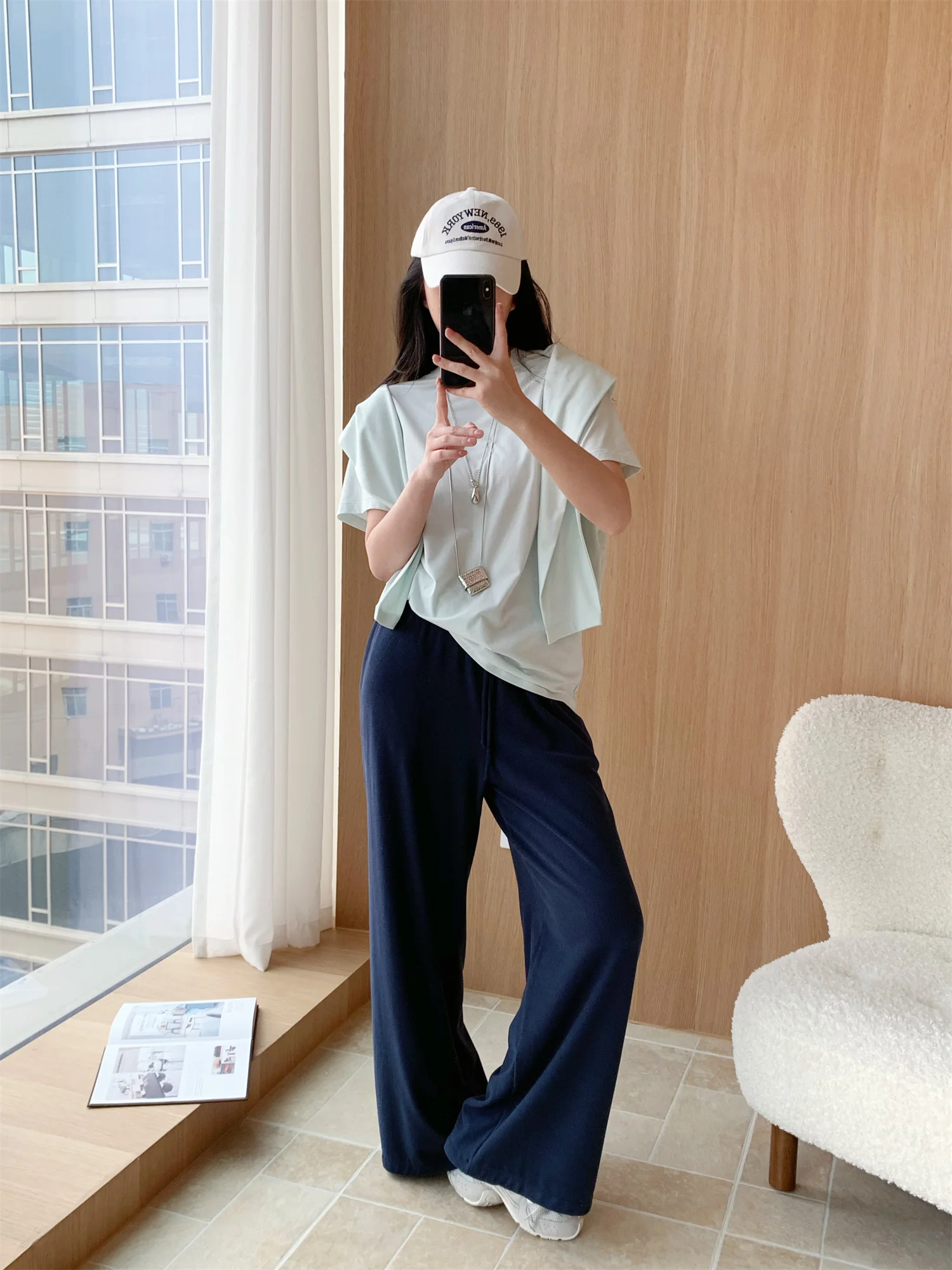 

Повседневная футболка с широкими брюками из модала ort Sve Mint een Spring Faion, женский свободный крой, вязаный топ, комплект бота