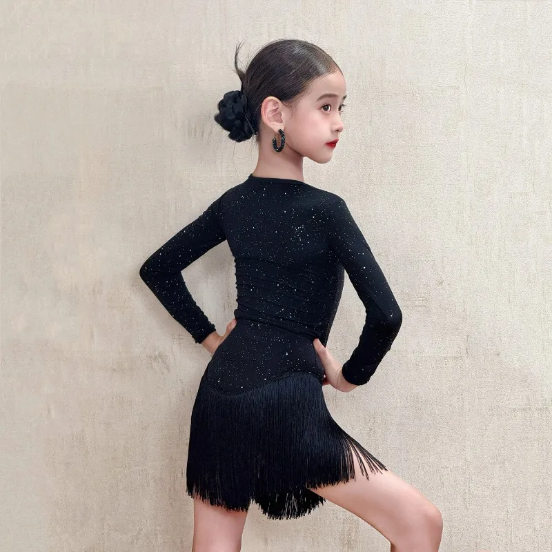 

Новая детская тренировочная одежда для латинских танцев, женский костюм с кисточками, осенне-зимний костюм с длинными рукавами