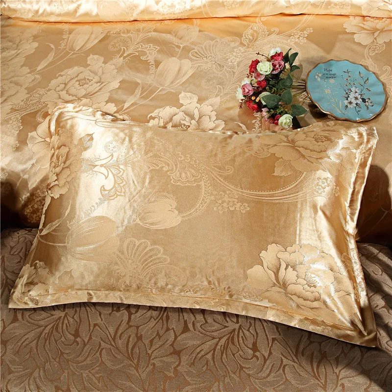 High End Satin Jacquard Summer Bedding Set European Solid Color Silky Skin-Friendly Bedsheet Kit 200X230Cm Double Bed Duvet Set