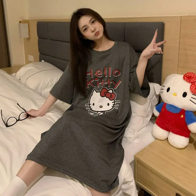 Sanrio nouvelle jupe de nuit Hello Kitty jupe de nuit à manches courtes pyjama à rayures femme automne Style ample vêtements de maison jupe de nuit