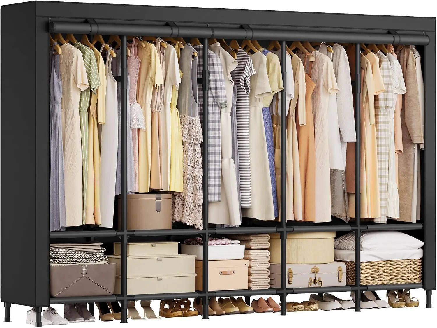 Portable Wardrobe Closet 83.5 Inch with 5 Hanging Rods and 10 Shelves, Heavy Duty Clothes Storage Rack with Fabric Cover for Bedroom, Freestanding Closet Organizer
