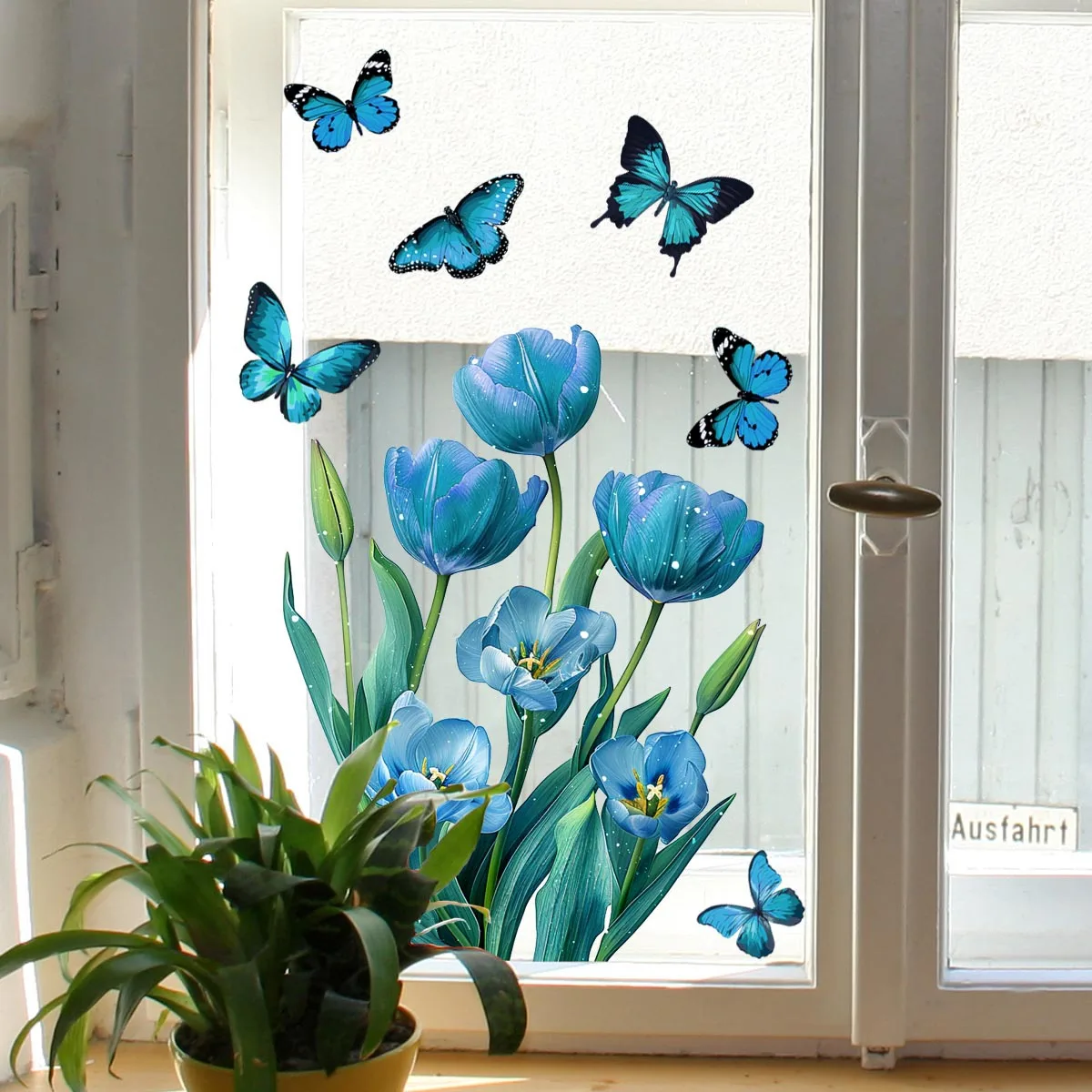 

Blue Tulip Butterfly Double Visual Window Cabinet Glass Decor Cling Stickers Peel and Stickers Decals Home Decoration Art