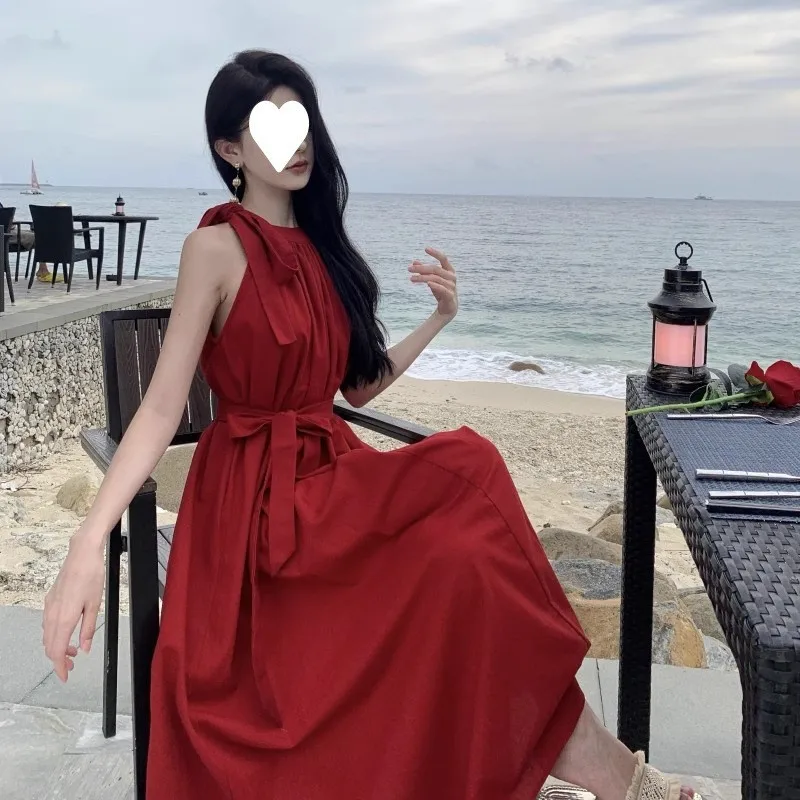 夏休みスタイル レッド オフショルダー ノースリーブ レディース ワンピース ビーチ雰囲気 ロングスカート ストリートスタイル Aラインシルエット