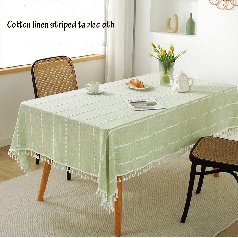 

Cotton Linen Tablecloths with Tassels Waterproof Oilproof Tea Striped Table Cloth Thick Rectangular Wedding Dining Table Cover