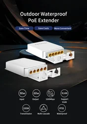 Hisource 4 Port IP55 Waterproof POE Repeater 100Mbps 1 to 3 Network Switch PoE Extender for IP Camera