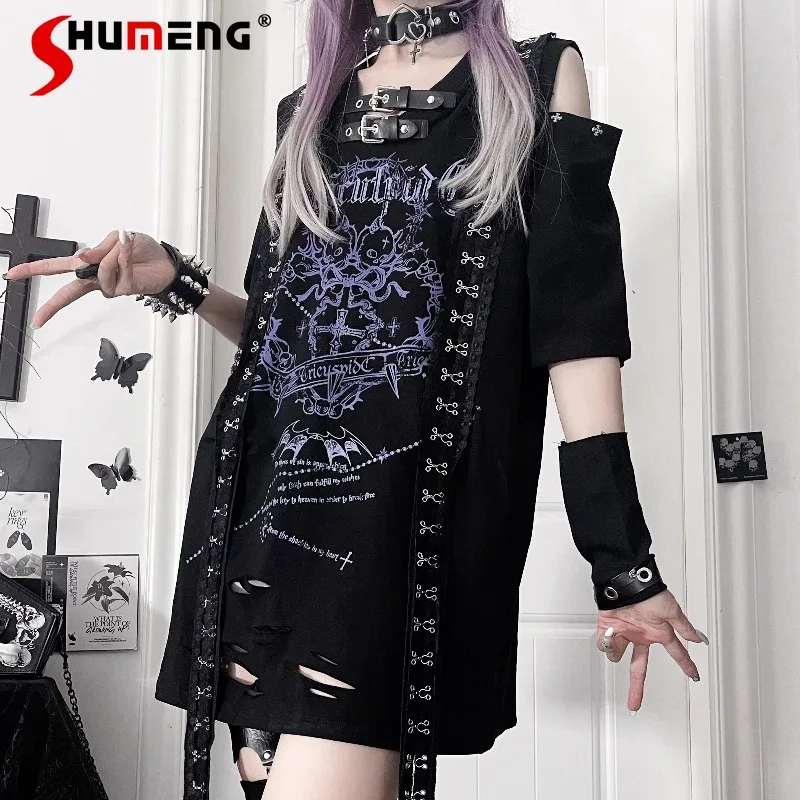 

Футболка-пуловер в японском стиле Rojita с принтом, светло-темная, рваная, свободного кроя, с короткими рукавами, с открытыми плечами, повседневная, стильная, крутая, красивая