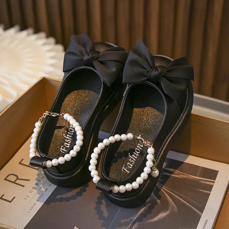 Children\'s Fashionable Black Leather Shoes with Pearl Chain Bow Cute Girl Mary Janes 2024 New Kids Versatile Wedding Party Shoes