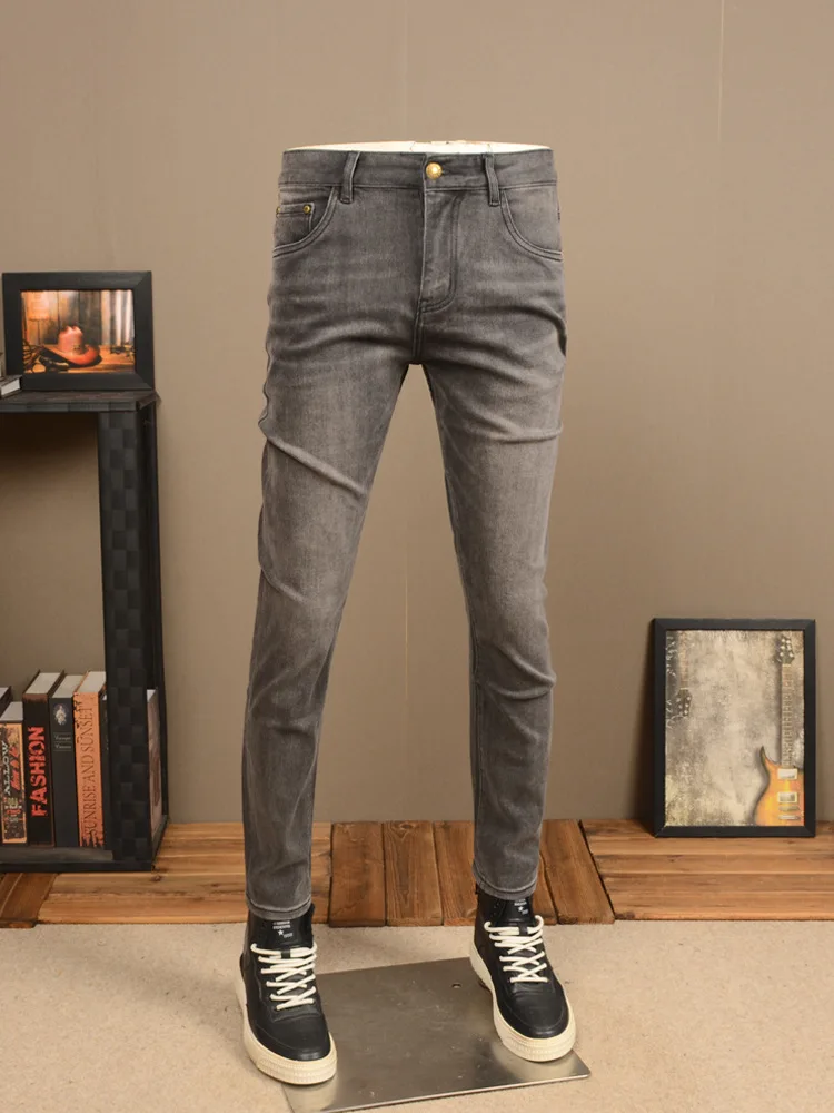 Retro Distressed Gray Jeans Stretch Slim Fit Skinny Advanced Casual Trend Simple Classic Office Pants for Men