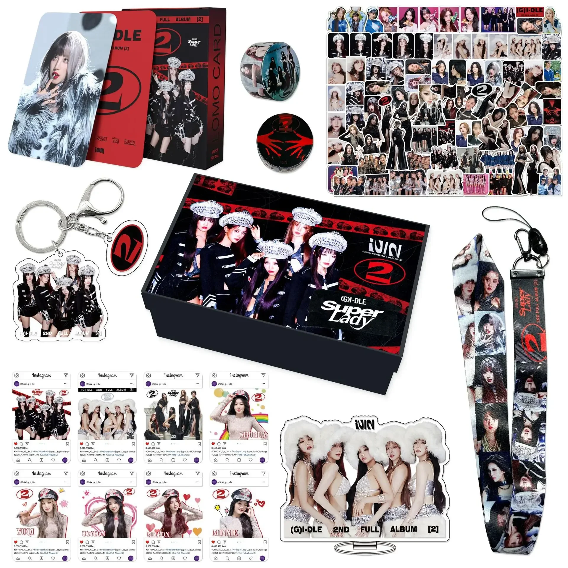 

Kpop GIDLE Gift Box Set New Album Super Lady Photocards Lomo Card Sticker Lanyard Keychains Minnie SoYeon YuQi ShuHua Fans Gifts