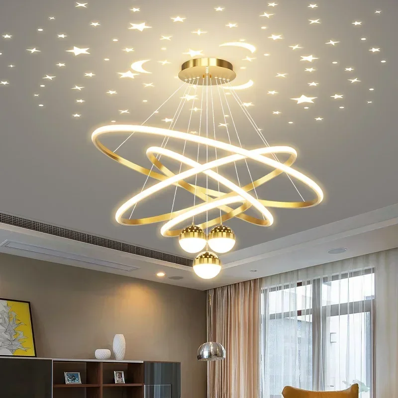 Nordic Led Pendant Lamp Black Creative Living Room Bedroom Romantic Starry Hanging Lamp Gold Circular Lamps Aesthetic Room Decor