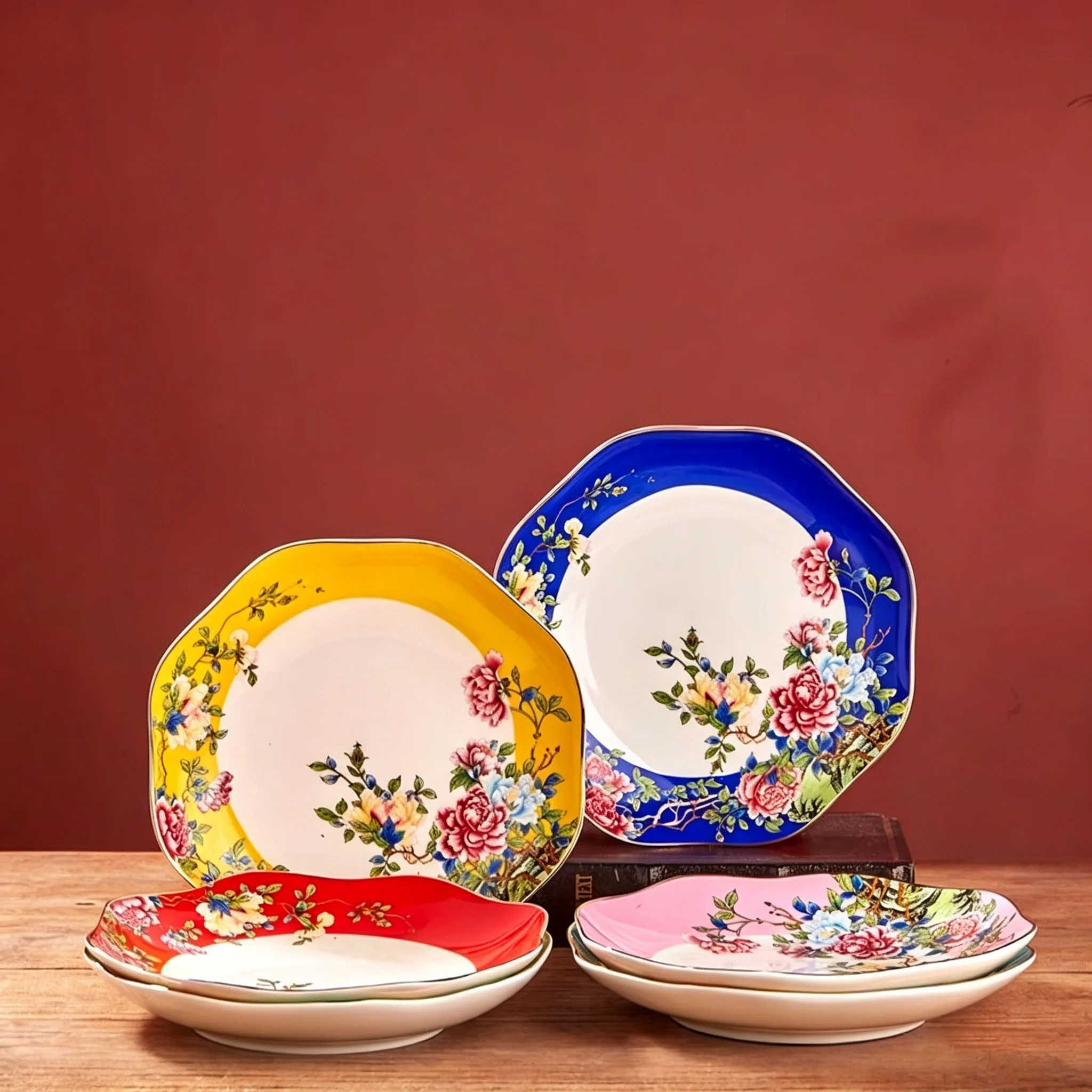 Enamel Color Ceramic Plate Creativity Peony Lace Dinner Plates Chinese-style Gold Outline Dessert Fruit Dishes Hotel Tableware