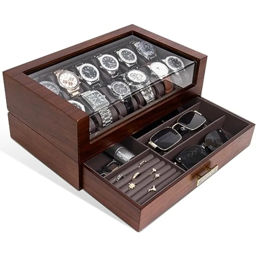 

High End Watch Box for Men 12 Slot Wooden Watch Case With Drawer Watch Display Box with Glass Lid 2-Layer Watch Holder for Jewe
