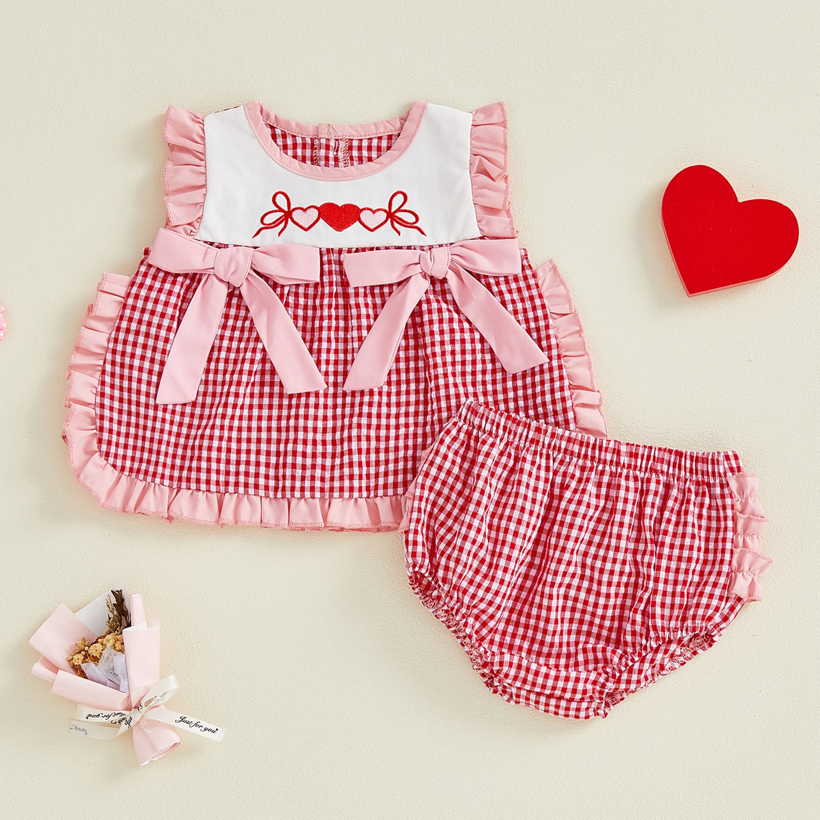 

Toddler Girl Valentine s Day Set Heart Applique Red Ribbons Gingham Pattern Sleeveless Shirt Stretchy Waistband Bottoms