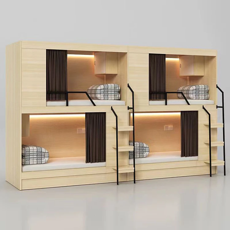 High Quality Capsule Hotel Bunk Bed for Adult Compact Bunk Beds Sleeping Pods in Bed Socket Dark Curtain Hostel Furniture