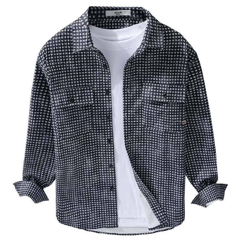 9143 Spring Trendy Full Love Pattern Lapel Shirts Jackets For Man Youth High Street Casual Long Sleeved Loose Male Blouse Coats