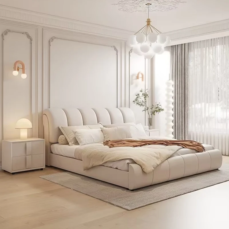 Tech fabric bed, modern minimalist double bed, creamy master bedroom, upholstered bed, new high box storage, wedding bed