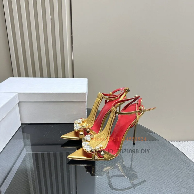 Shiny Big Gems Buckle T-Strap Mixed Color Hasp Pointed Toe Zipper Ankle Wrap High Heel Shoes Women Summer Sandals