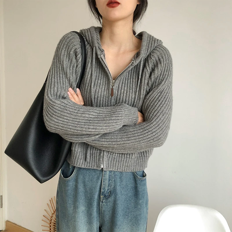 Coreano sle com capuz de malha cardigan feminino primavera outono faion casual zíper ort versátil camisola branca jaet