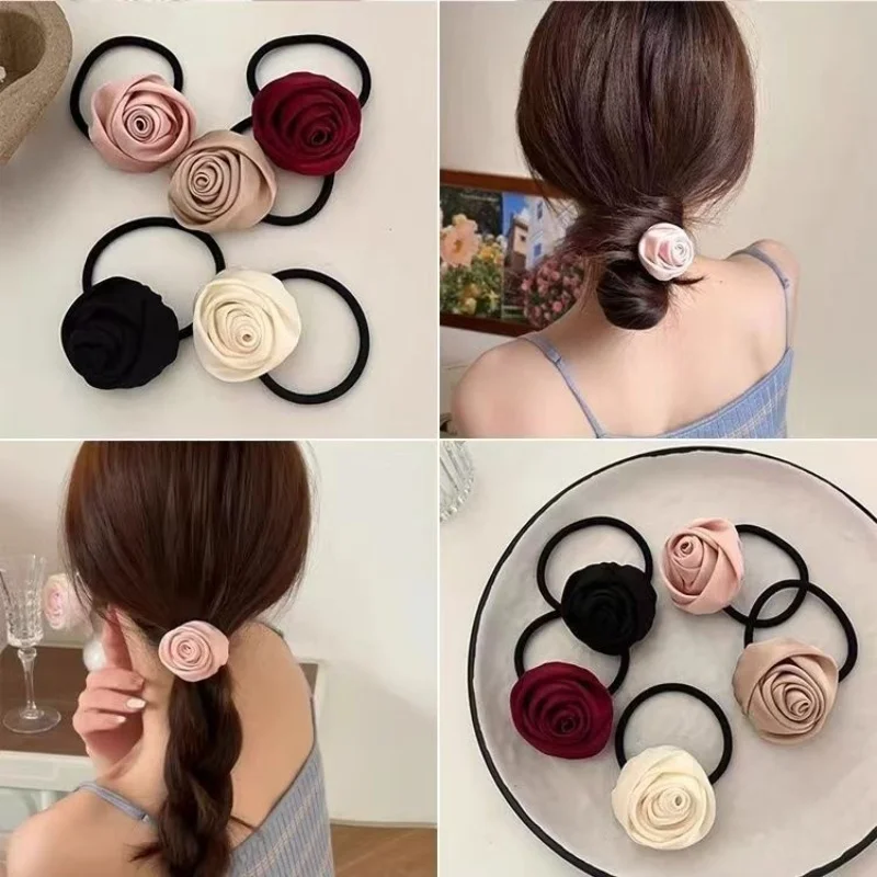 

2pcs/Retro Handmade Rose Hair Ring Women Elegant Temperament Tied Hair Rubber Band High Elastic Hair Tied Hair Accessories Women