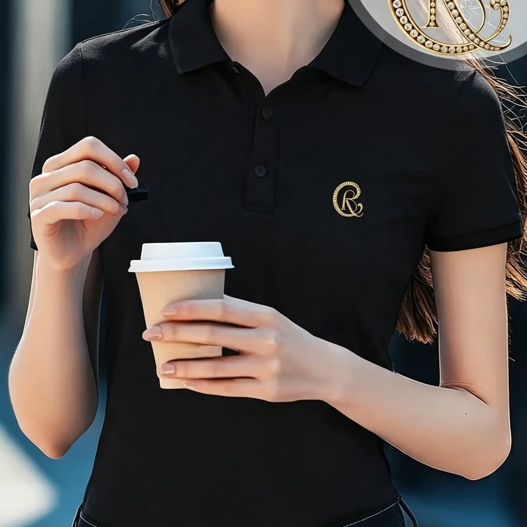 Unisex Black Lapel Collar Polo Shirt Golden Vintage Letter R Badge Graphic Short Sleeve Loose Soft Breathable Daily Casual Basic Top