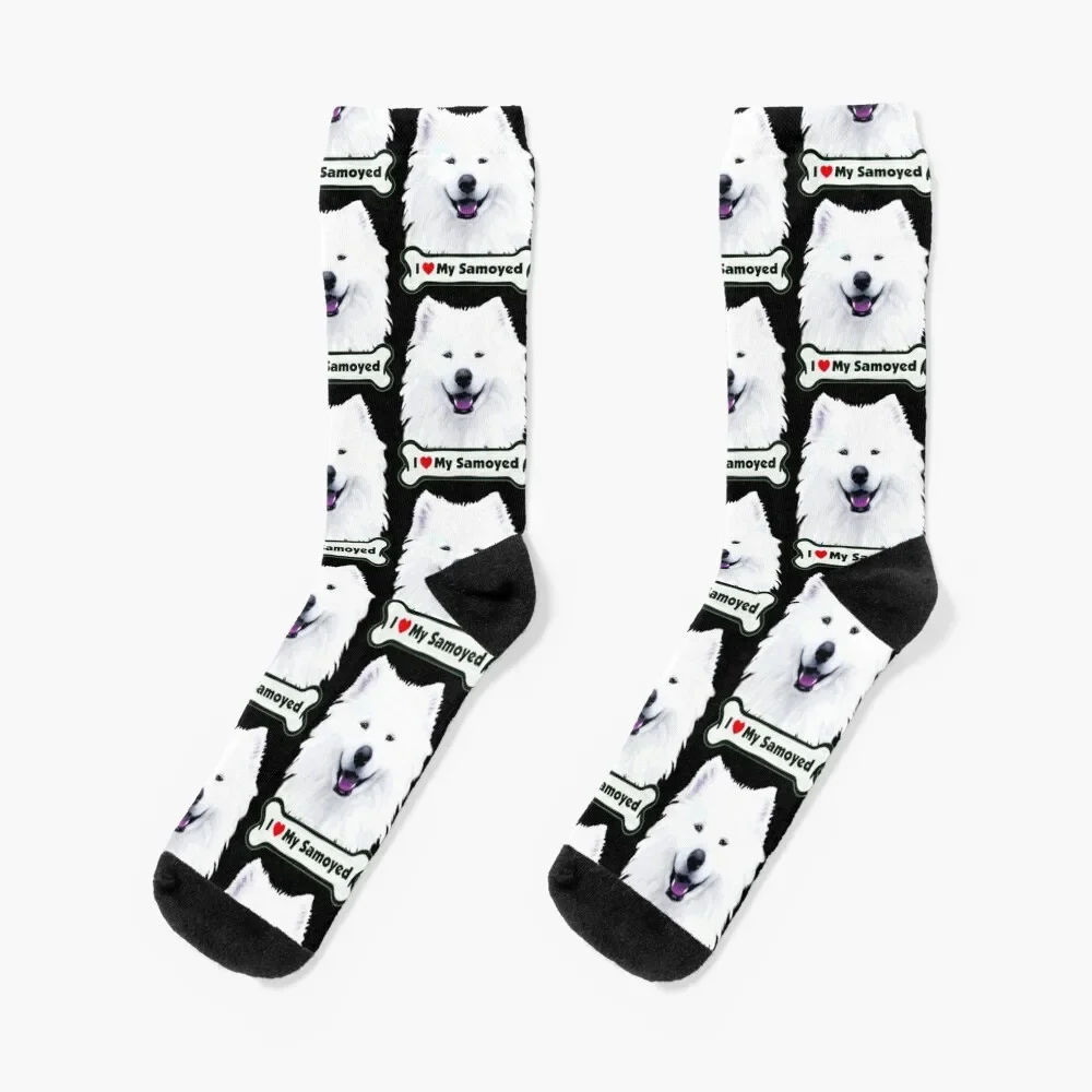 

Smiling White "I  My Samoyed" Bone Dog Face Painting Socks christmas gift Sports Toe sports Socks Women's Men's