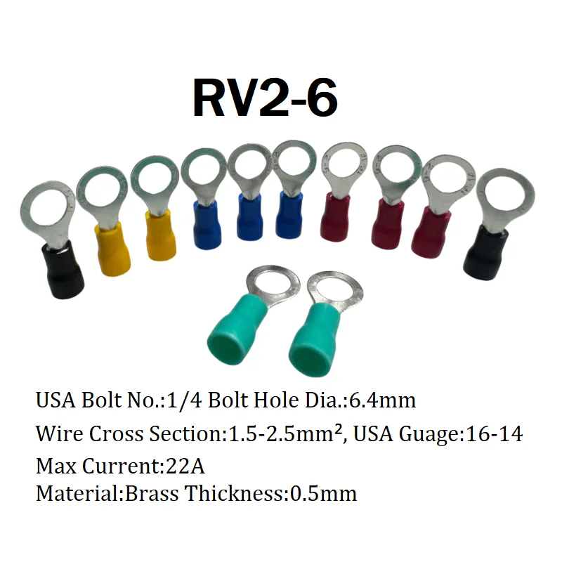 RV2-6 Per 50Pcs Wire Insert 1.5-2.5mm² Crimp Terminal  AWG16-14 Insulated Ring Terminal Tubular Cable Lug Starfix Connector