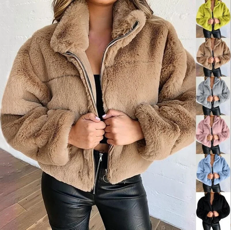 Nowe damskie krótkie płaszcze z imitacji futra na jesień i zimę, rozpinane na zamek, pluszowe ciepłe kurtki, damska odzież wierzchnia oversize, gruby płaszcz.
