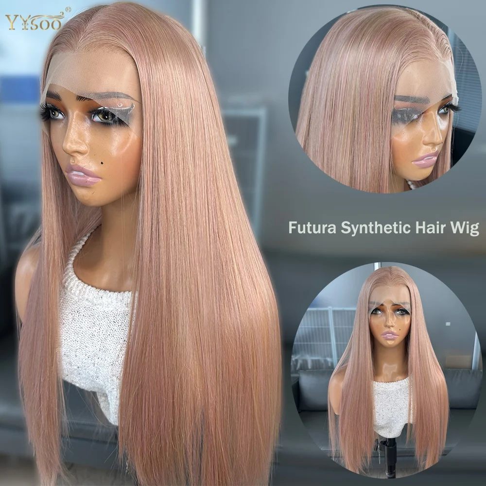 

Long Heat Resistant 13x4 Synthetic Lace Front Wig Pre Plucked Hairline Japan Futura Hair Highlight Silky Straight Half Hand Tied