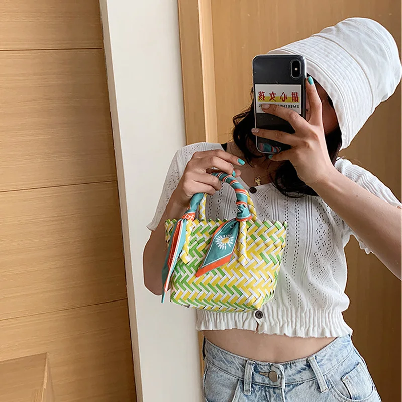 Handmade Mini Handbag Plastic Woven Contrast Tote Bag Silk Scarf Decorated Bohemia Summer Beach Bags Female Shopping Basket