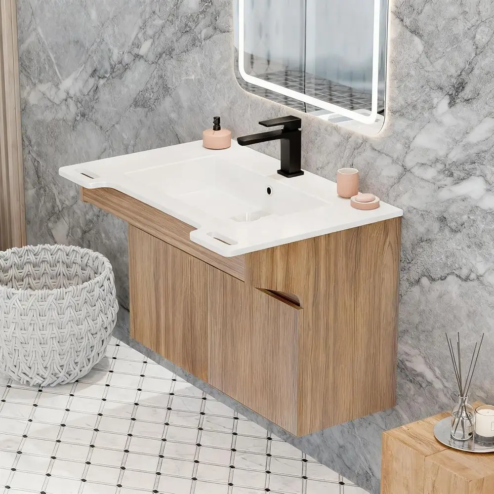 الغرور العائم الحديث المتوافق مع ADA مع خزانة خشبية وحجر الراتنج وقضيب إمساك لمستخدمي الكراسي المتحركة وكبار السن