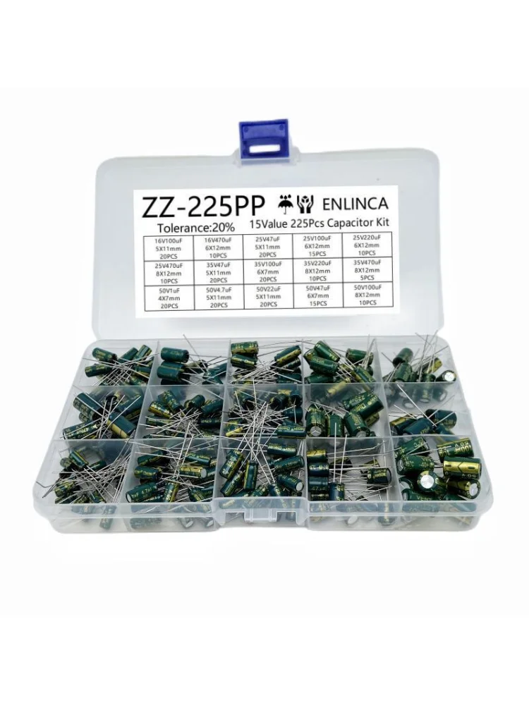 225 sztuk/pudło zestaw kondensatorów aluminiowe kondensatory elektrolityczne zestaw 15 wartości 16V-50V 1uF-470uF wybrane elementy przechowywania Low ESR — zdjęcie produktu 5