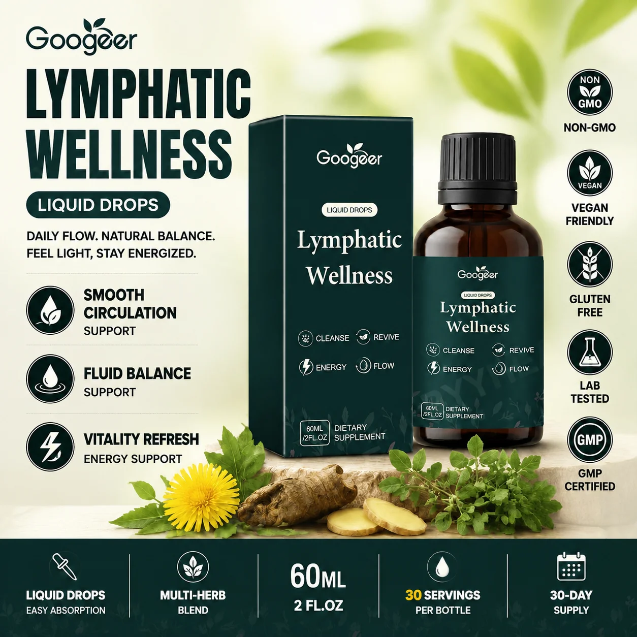 Gotas Líquidas para el Bienestar Linfático, Mezcla Herbal de Diente de León, Bardana, Cleavers y Jengibre, Apoyo Diario para el Flujo Linfático, Vegano, para Adultos, 60 ml, 30 Porciones