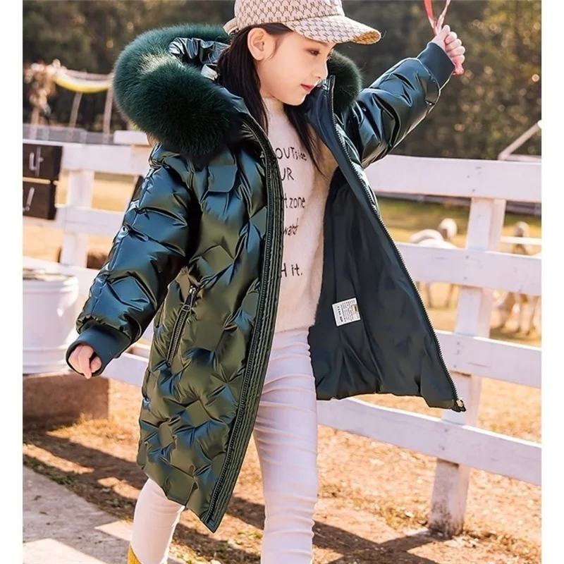 

2023 Girls Parka Long Coats Winter Waterproof Fur Collar Hooded Jackets Big Kids Thick Warm Cotton Outerwear Teenage Snowsuit