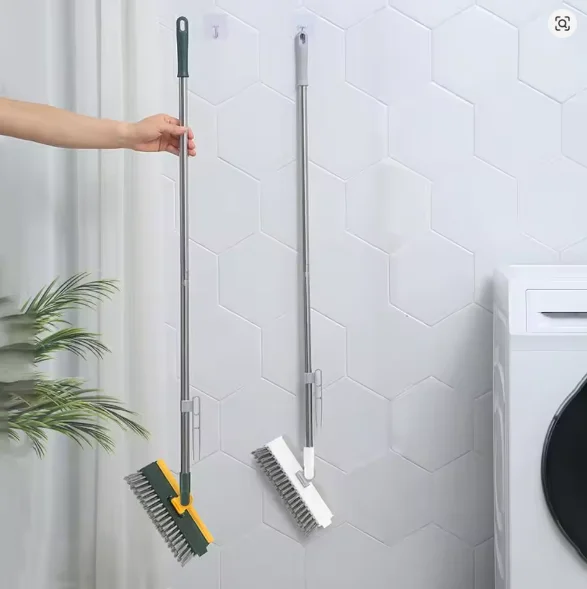 Rotatable Floor Scrub Brush Cleaning Tool With Long Handle Grout Brush Scrape V-Shape Stiff Bristle Cleaning Brush With Squeegee