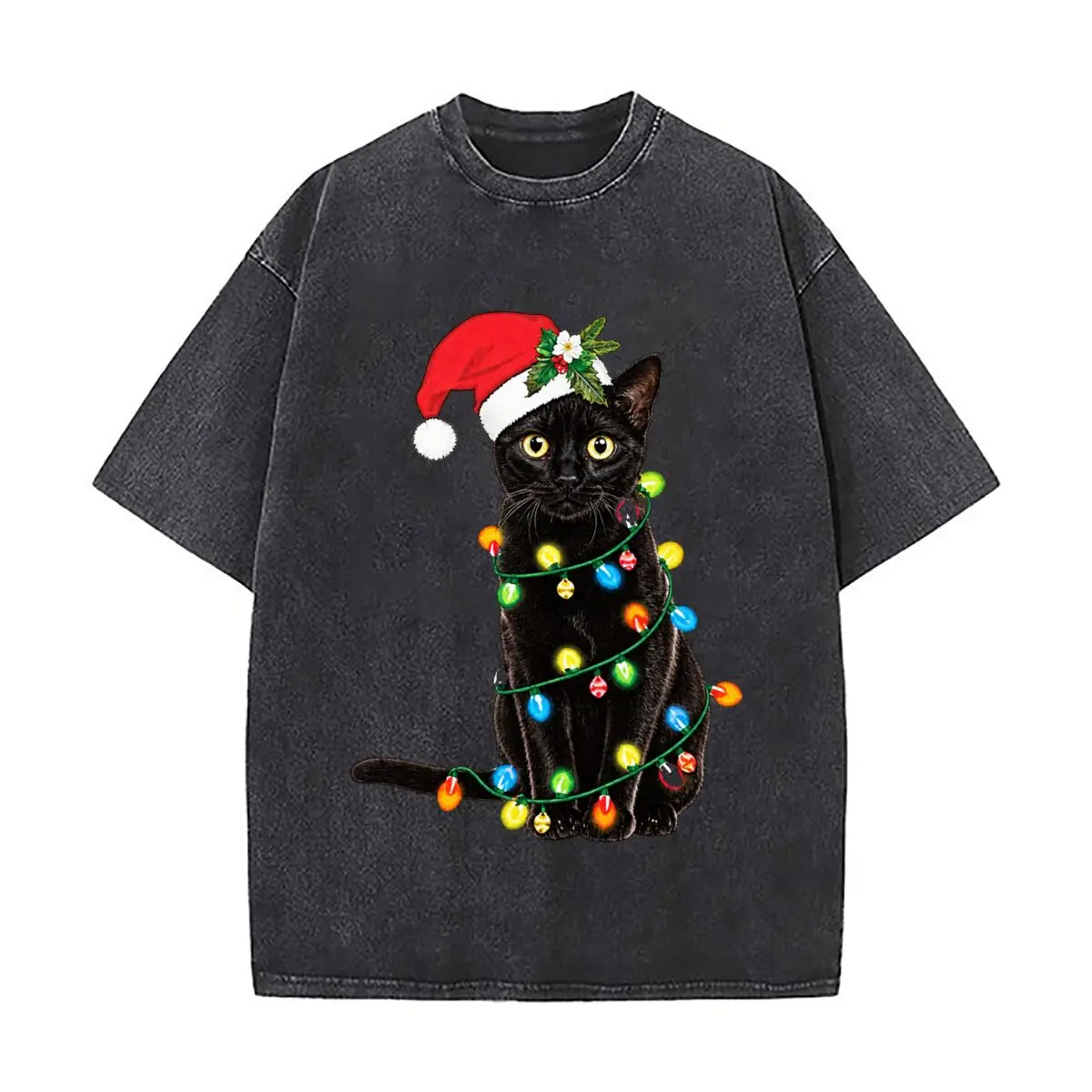 Santa Black Cat Wrapped In Colorful Christmas Lights Vintage Distressed Loose Streetwear Tops for Campus Days