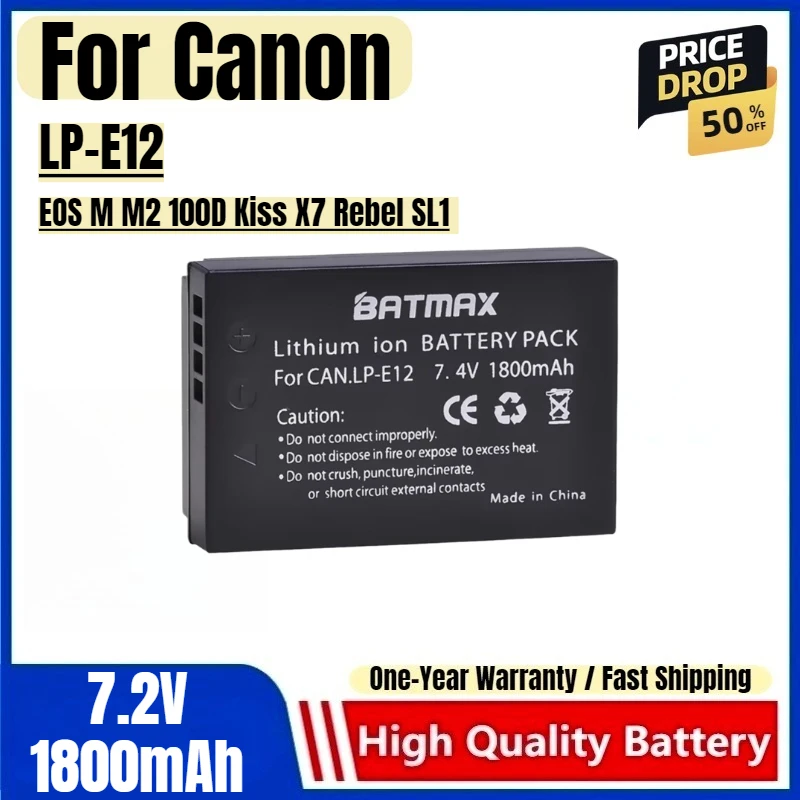 

LP-E12 Battery 7.2V 1800mAh Rechargeable Batteries and Charger for Canon EOS M M2 100D Kiss X7 Rebel SL1 Camera Battery